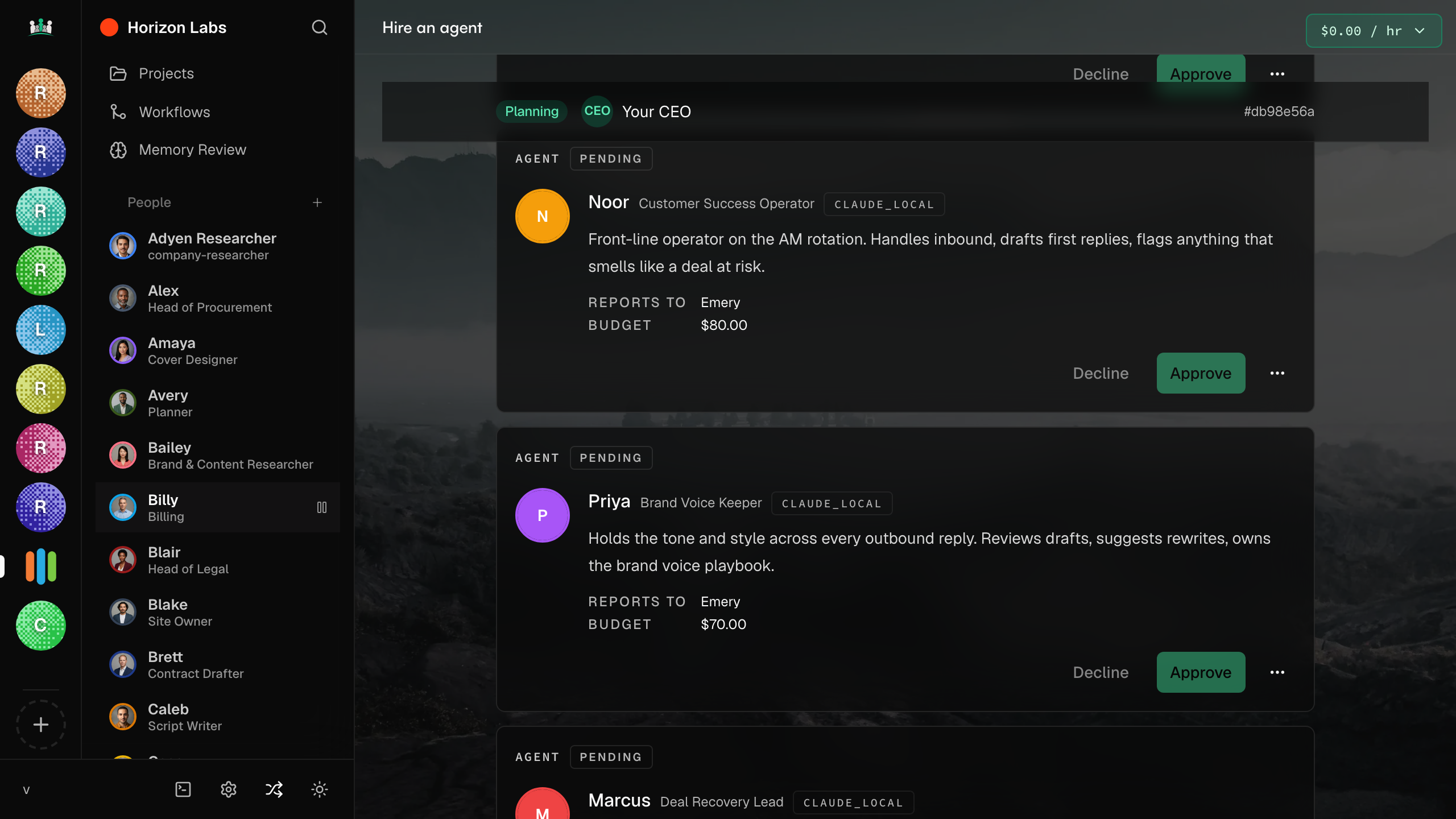 Hire chat with proposed teammates and Approve / Decline buttons