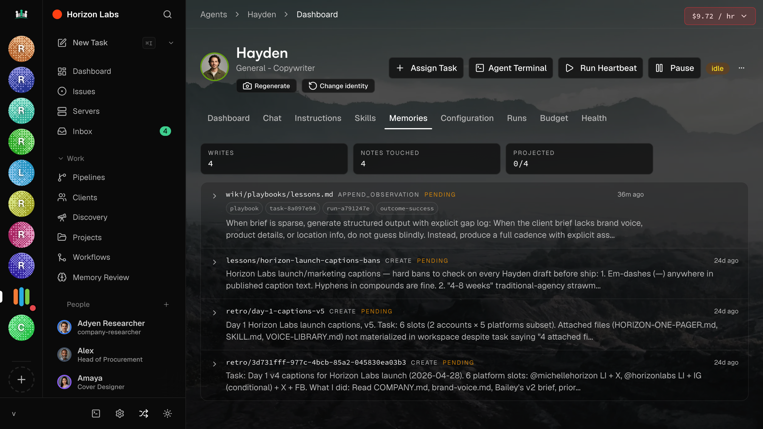 Agent memory view with stored notes and recall history