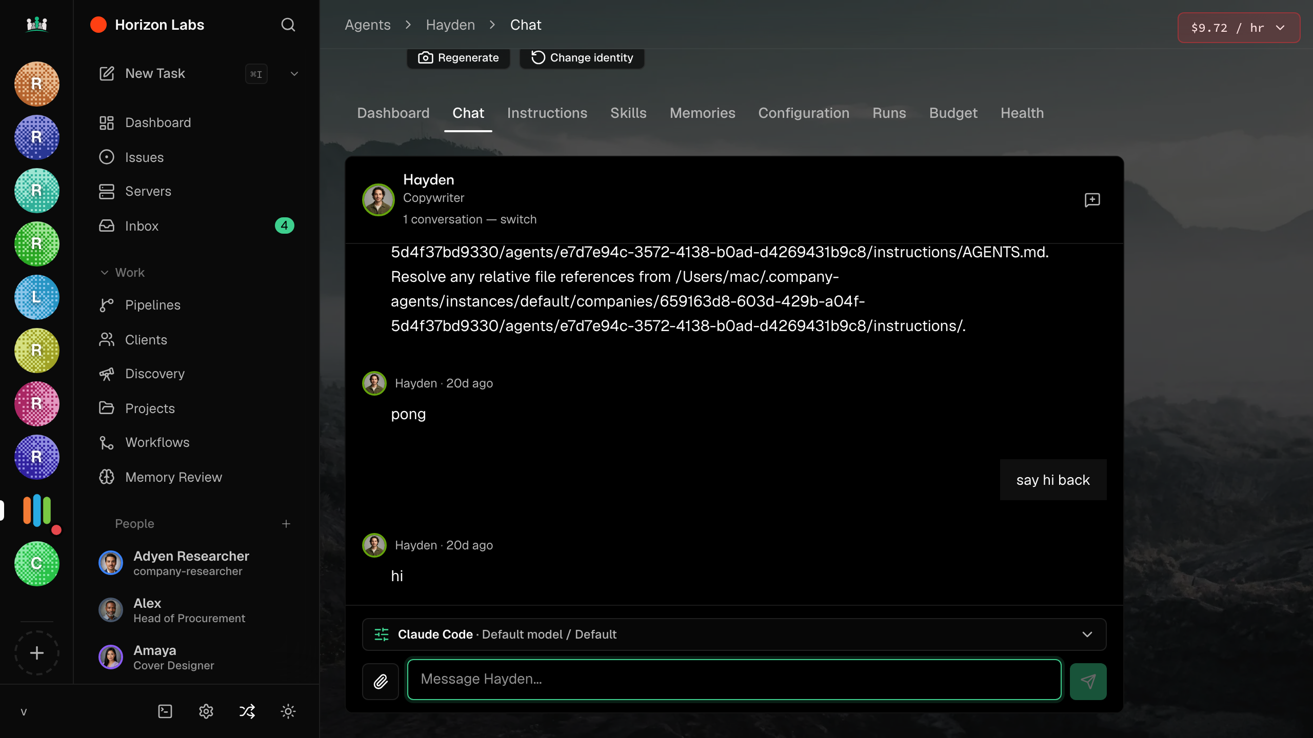 Chat sidebar threaded with a specific agent on the team