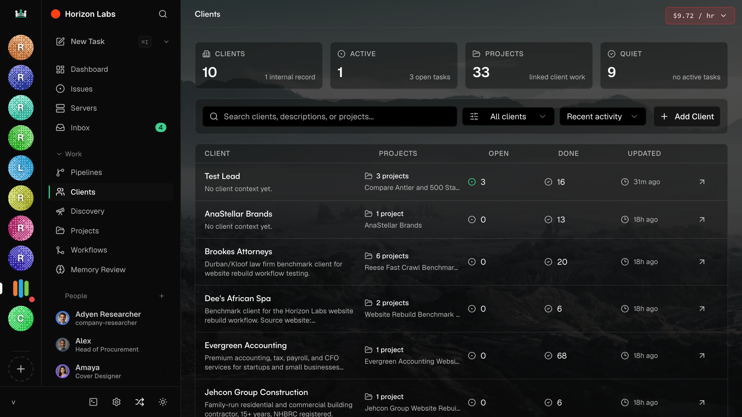 Clients list with engagement summaries and current scope