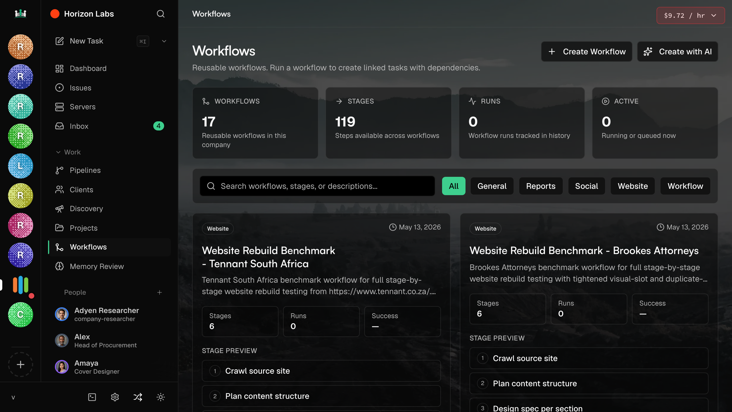 Workflows list with stages, runs, and reusable templates