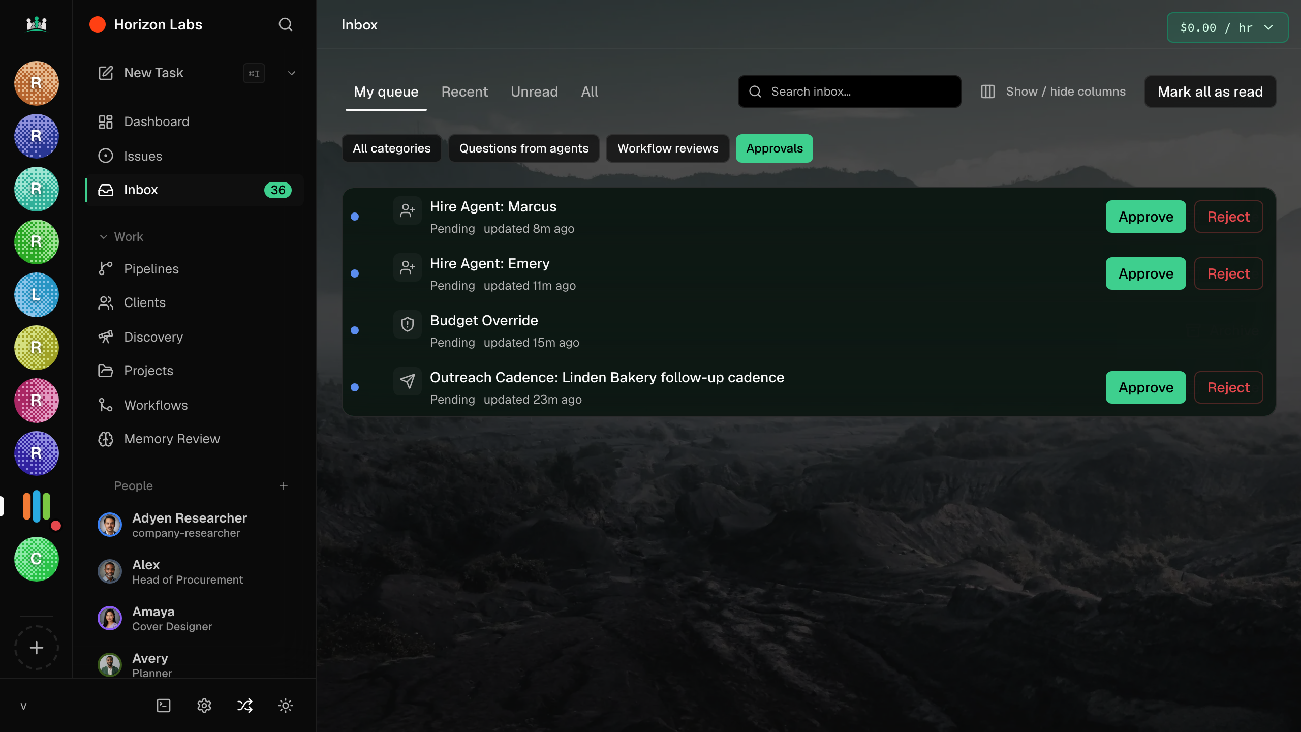 Inbox view showing pending items with Approve and Reject buttons