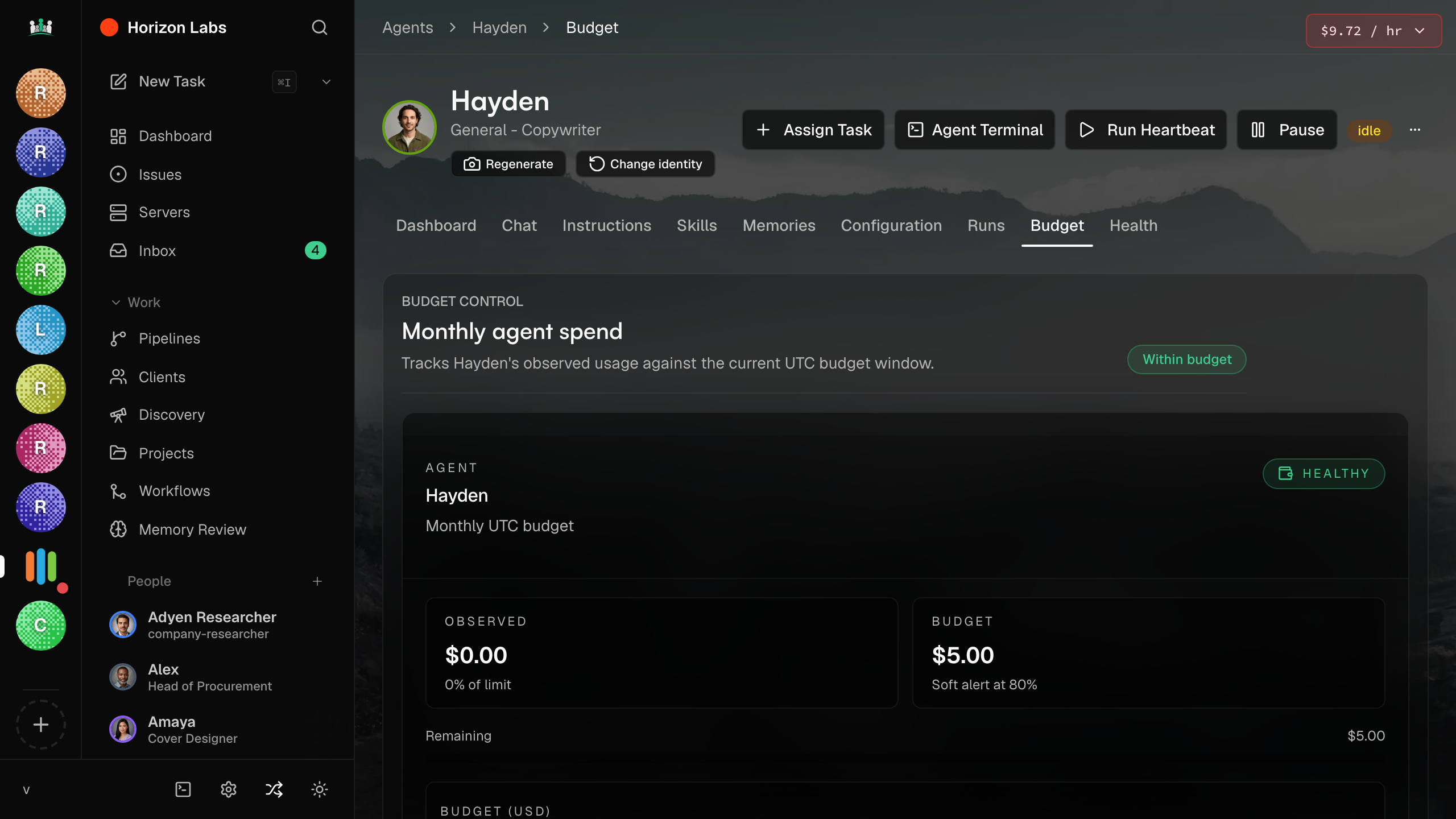 Agent budget panel with caps, spend, and safety controls