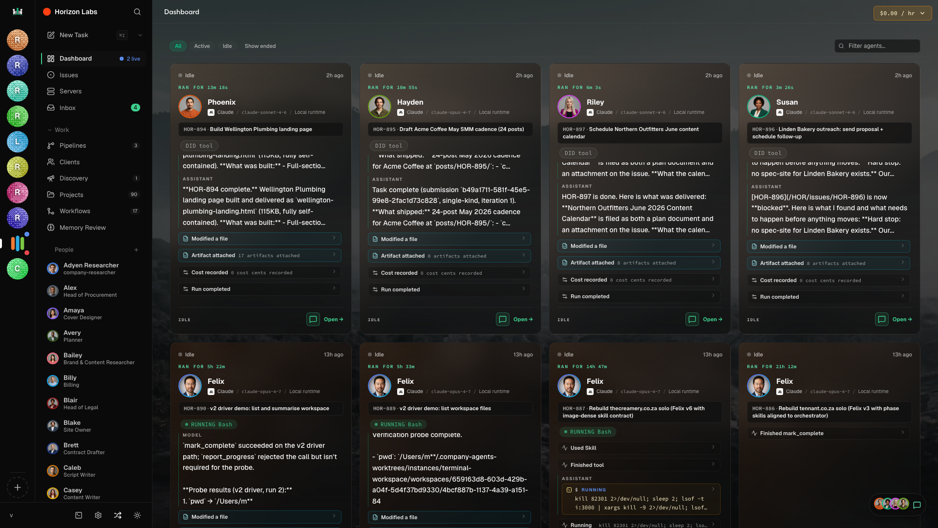 Dashboard live feed: recent activity from the team plus the latest issues each agent is working